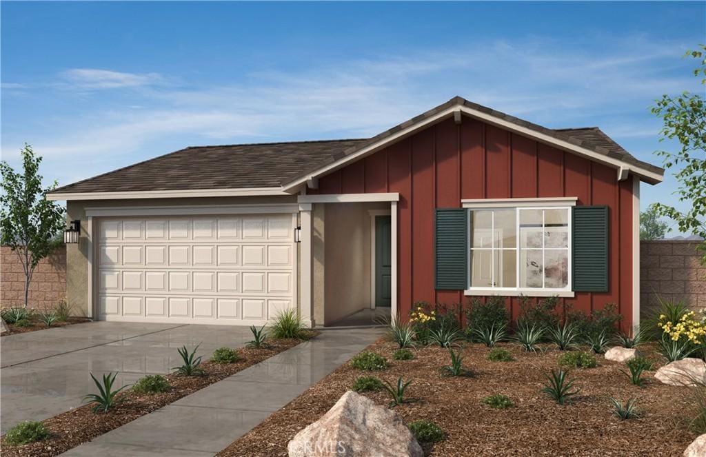 ranch-style house featuring a shingled roof, a garage, board and batten siding, fence, and concrete driveway