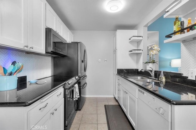 kitchen featuring open shelves, stainless steel microwave, black range with electric cooktop, white dishwasher, and decorative backsplash