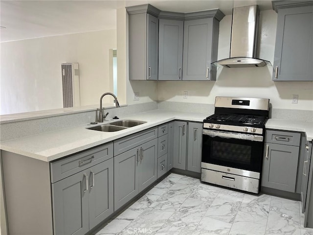 1608 N Placentia Ave, Fullerton, CA 92831 - kitchen with gray cabinets, a sink, stainless steel gas range, and wall chimney range hood