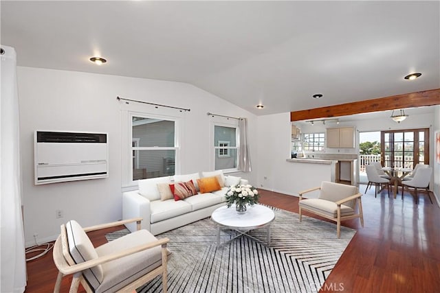living room featuring vaulted ceiling, dark wood-style floors, a wall mounted AC, and recessed lighting