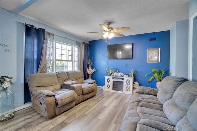 2807 W 129th, Gardena, CA 90248 - living area featuring visible vents, a textured ceiling, a ceiling fan, and wood finished floors
