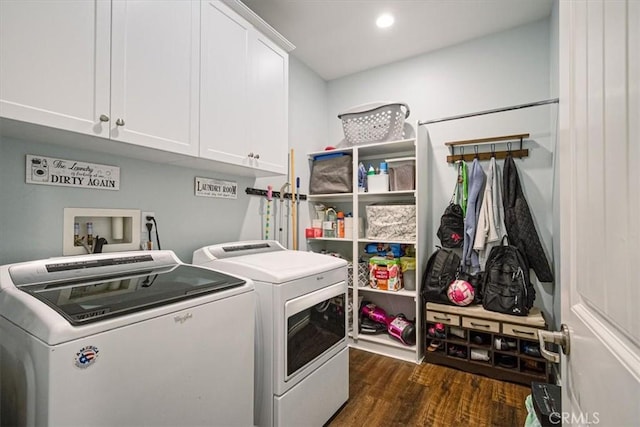 17985 Crabapple Ct, San Bernardino, CA 92407 - washroom with recessed lighting, washer and dryer, dark wood-type flooring, and cabinet space