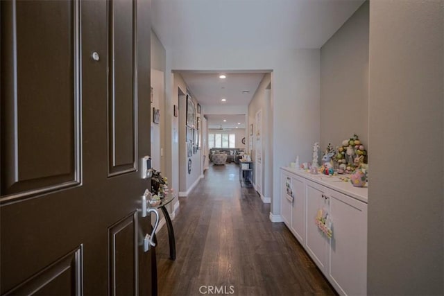 17985 Crabapple Ct, San Bernardino, CA 92407 - corridor with recessed lighting, dark wood-type flooring, and baseboards
