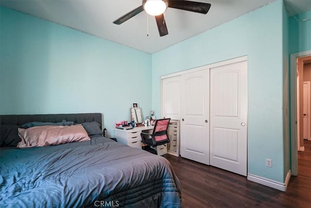 17985 Crabapple Ct, San Bernardino, CA 92407 - bedroom featuring a closet, ceiling fan, baseboards, and dark wood finished floors