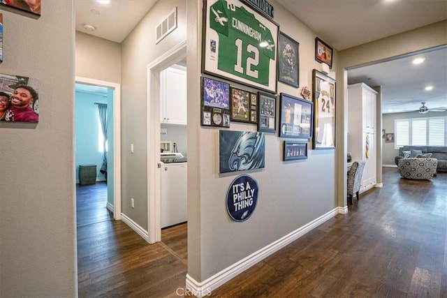 17985 Crabapple Ct, San Bernardino, CA 92407 - hallway featuring visible vents, baseboards, washer / clothes dryer, dark wood-style flooring, and recessed lighting