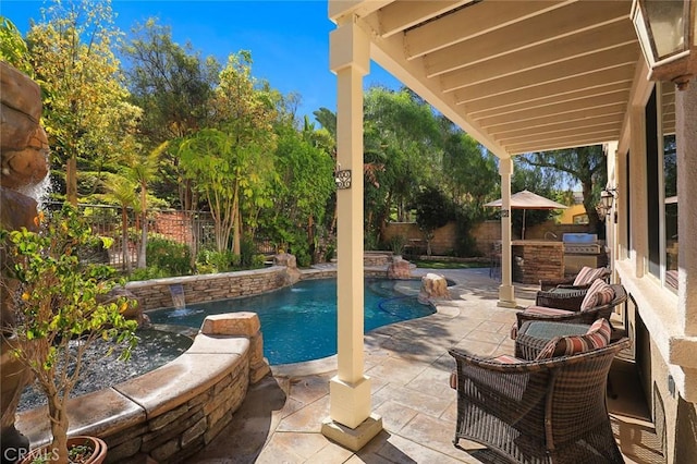 3973 Coast Oak Cir, Chino Hills, CA 91709 - view of pool featuring a fenced backyard, an outdoor kitchen, a patio, and a fenced in pool