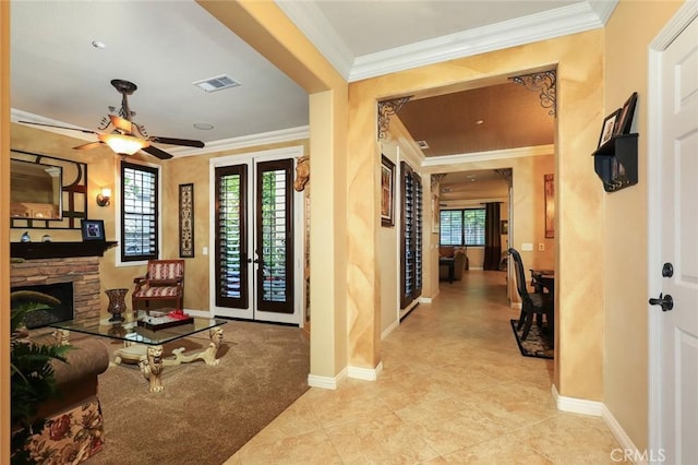 3973 Coast Oak Cir, Chino Hills, CA 91709 - hall with visible vents, baseboards, ornamental molding, and french doors