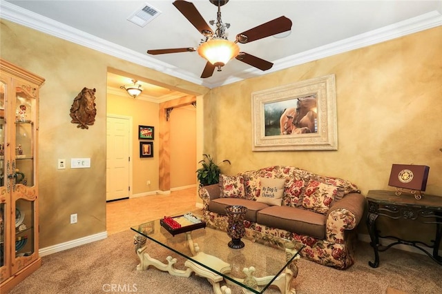 3973 Coast Oak Cir, Chino Hills, CA 91709 - carpeted living area featuring baseboards, visible vents, ceiling fan, and crown molding