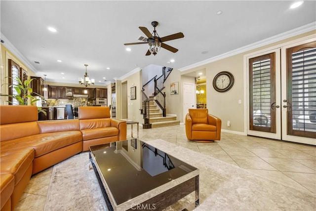 3973 Coast Oak Cir, Chino Hills, CA 91709 - living area featuring french doors, recessed lighting, ornamental molding, stairway, and light tile patterned floors