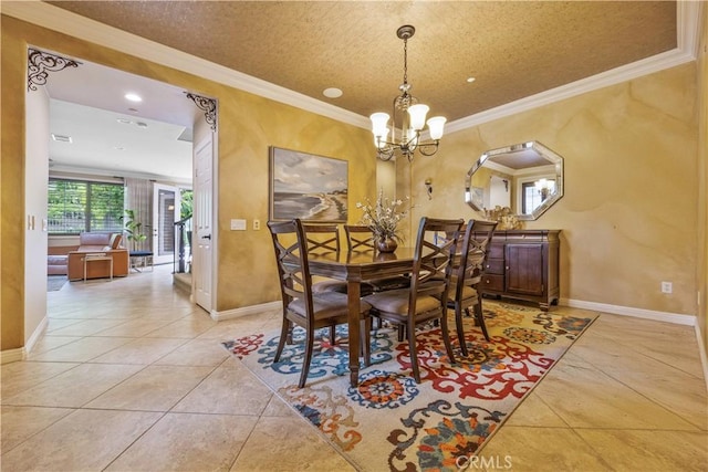 3973 Coast Oak Cir, Chino Hills, CA 91709 - dining area featuring crown molding, baseboards, a notable chandelier, and light tile patterned floors