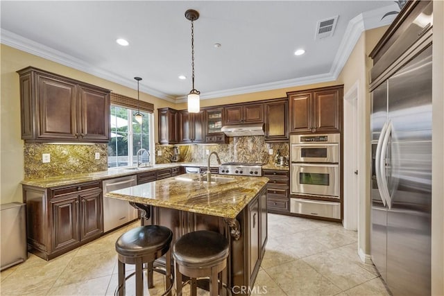 3973 Coast Oak Cir, Chino Hills, CA 91709 - kitchen featuring a warming drawer, visible vents, appliances with stainless steel finishes, under cabinet range hood, and ornamental molding
