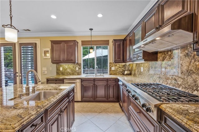 3973 Coast Oak Cir, Chino Hills, CA 91709 - kitchen featuring light stone counters, under cabinet range hood, stainless steel appliances, and a sink