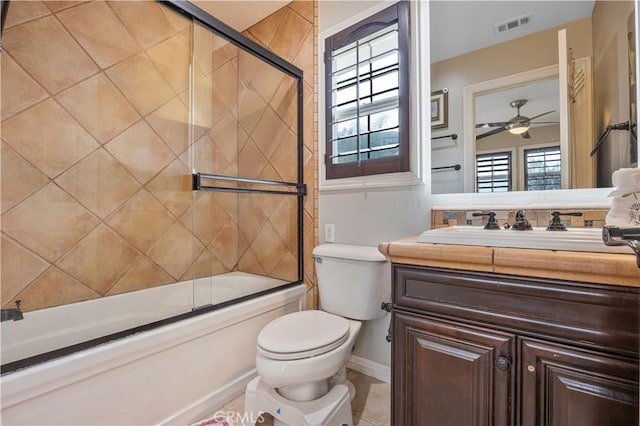 3973 Coast Oak Cir, Chino Hills, CA 91709 - bathroom with shower / bath combination with glass door, toilet, visible vents, a ceiling fan, and vanity