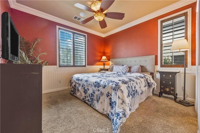 3973 Coast Oak Cir, Chino Hills, CA 91709 - carpeted bedroom with a wainscoted wall, visible vents, ornamental molding, and a ceiling fan