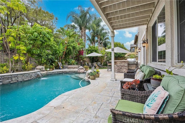 3973 Coast Oak Cir, Chino Hills, CA 91709 - view of swimming pool featuring an outdoor living space, a patio area, fence private yard, an outdoor kitchen, and a fenced in pool