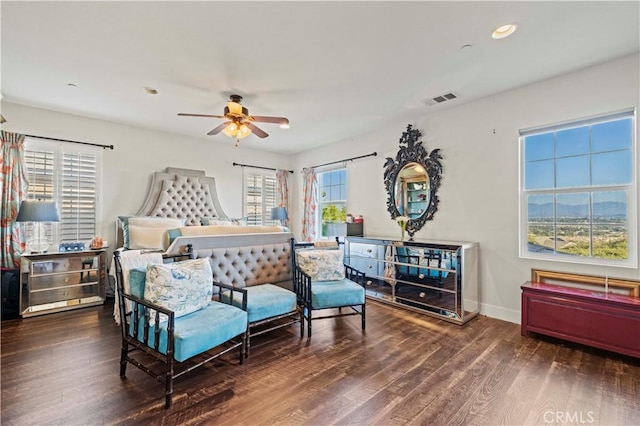 bedroom with ceiling fan, visible vents, recessed lighting, wood finished floors, and baseboards