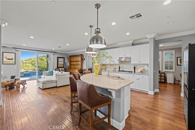 kitchen with visible vents, a sink, ornamental molding, under cabinet range hood, and recessed lighting