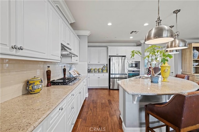 kitchen featuring white cabinets, visible vents, under cabinet range hood, light stone counters, and stainless steel appliances