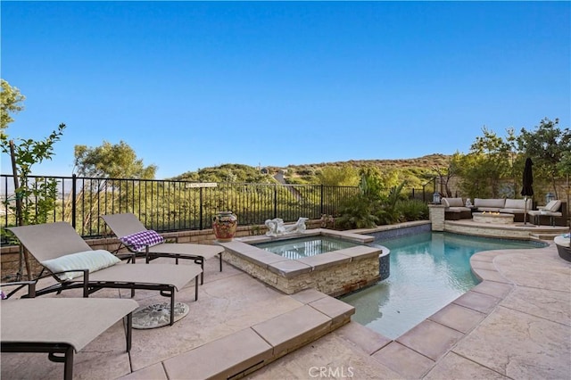view of pool with a fenced backyard, a patio, an outdoor hangout area, an in ground hot tub, and a fenced in pool