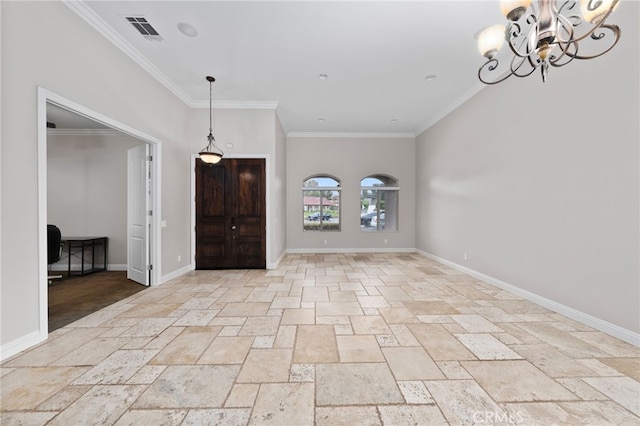 foyer with baseboards, an inviting chandelier, ornamental molding, stone tile floors, and visible vents