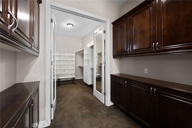 walk in closet featuring dark carpet
