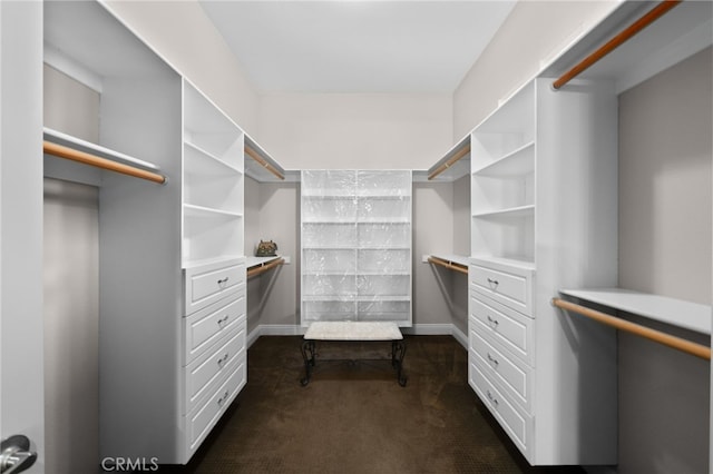 spacious closet featuring dark colored carpet and built in study area