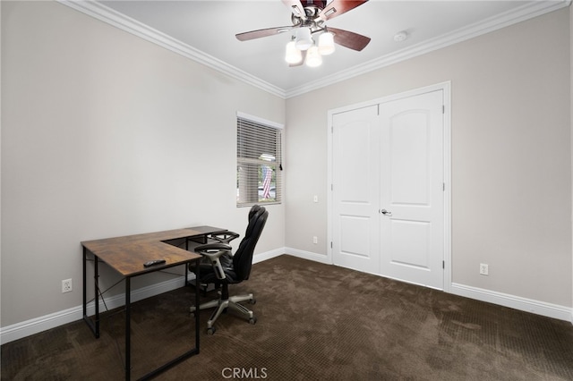 office space featuring carpet floors, ceiling fan, ornamental molding, and baseboards