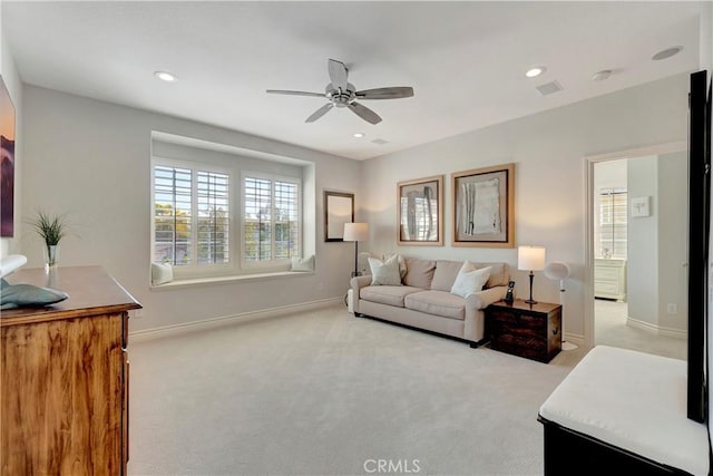 6288 Sunnyside Cir, Huntington Beach, CA 92648 - living room featuring recessed lighting, light colored carpet, baseboards, and ceiling fan