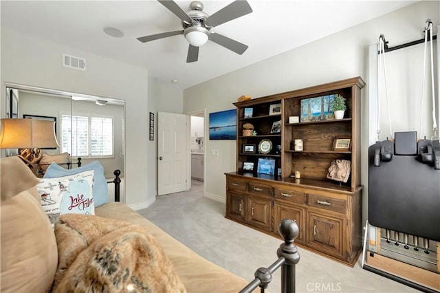 6288 Sunnyside Cir, Huntington Beach, CA 92648 - interior space with baseboards, visible vents, light colored carpet, and a ceiling fan