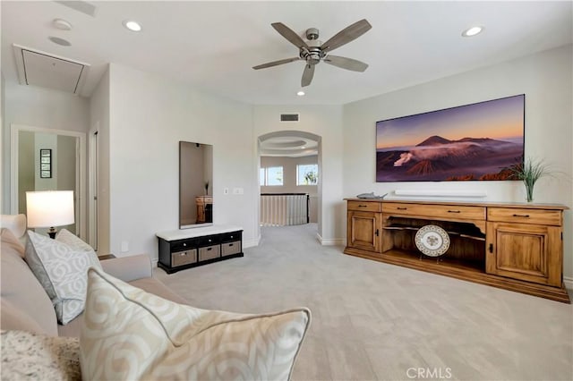 6288 Sunnyside Cir, Huntington Beach, CA 92648 - living area with visible vents, a ceiling fan, recessed lighting, attic access, and light colored carpet