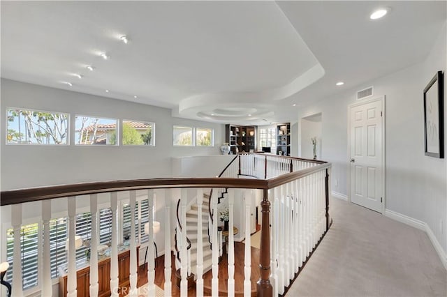 6288 Sunnyside Cir, Huntington Beach, CA 92648 - corridor with visible vents, carpet floors, recessed lighting, an upstairs landing, and baseboards