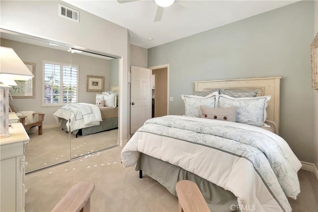 6288 Sunnyside Cir, Huntington Beach, CA 92648 - carpeted bedroom featuring visible vents, baseboards, a ceiling fan, and a closet