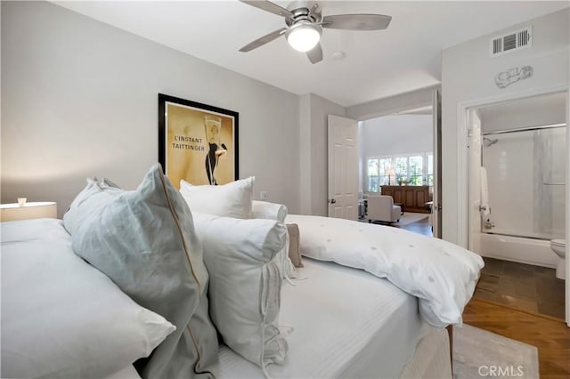 6288 Sunnyside Cir, Huntington Beach, CA 92648 - bedroom with visible vents, a ceiling fan, and wood finished floors