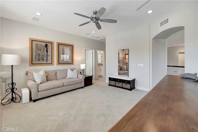 6288 Sunnyside Cir, Huntington Beach, CA 92648 - living area featuring visible vents, arched walkways, a ceiling fan, carpet floors, and recessed lighting