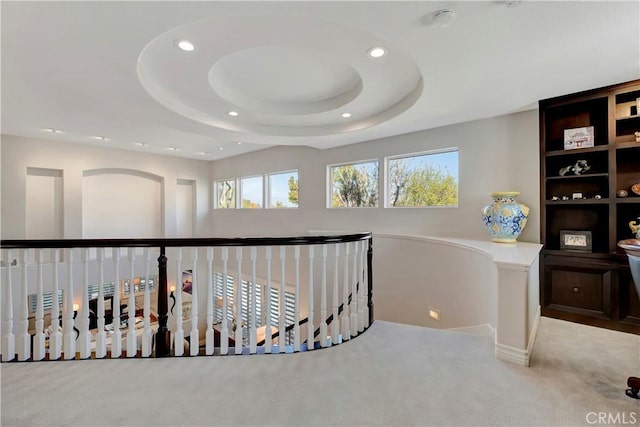 6288 Sunnyside Cir, Huntington Beach, CA 92648 - hallway featuring a healthy amount of sunlight, carpet, an upstairs landing, and recessed lighting