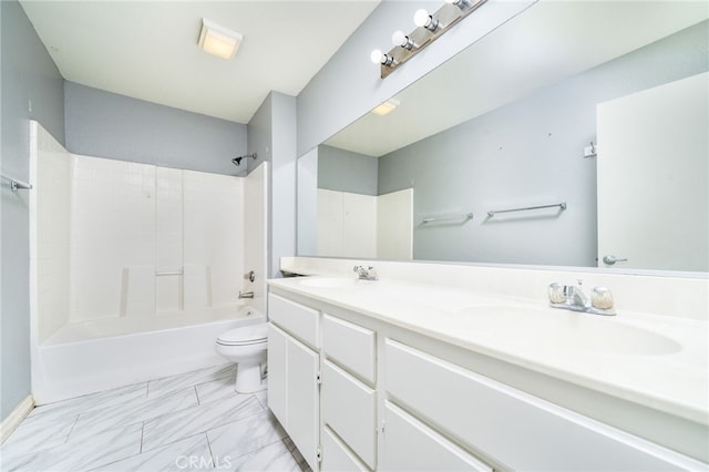 full bathroom with toilet, double vanity, a sink, and shower / bathtub combination