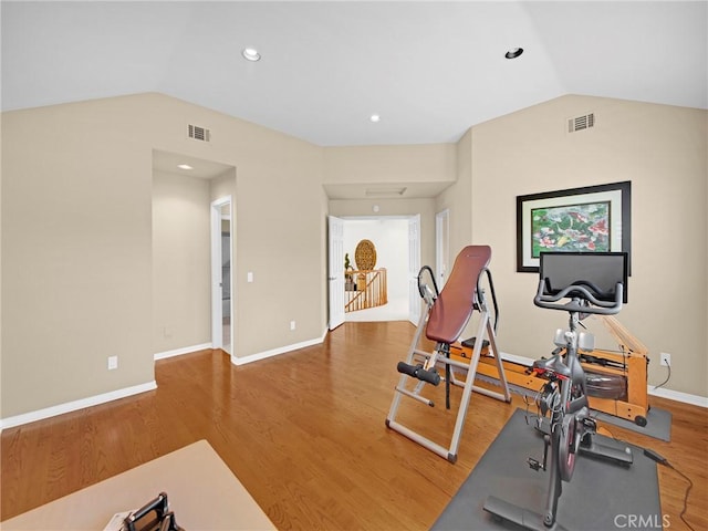 125 Heath Meadow Pl, Simi Valley, CA 93065 - exercise room featuring lofted ceiling, wood finished floors, and recessed lighting