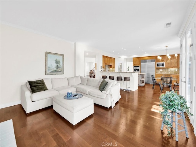 125 Heath Meadow Pl, Simi Valley, CA 93065 - living room with dark wood-type flooring, recessed lighting, and crown molding