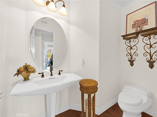 125 Heath Meadow Pl, Simi Valley, CA 93065 - half bathroom with wood finished floors, crown molding, and a chandelier