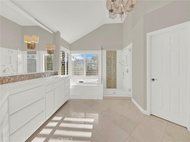 125 Heath Meadow Pl, Simi Valley, CA 93065 - full bathroom featuring a stall shower, a chandelier, a bath, lofted ceiling, and vanity