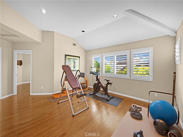 125 Heath Meadow Pl, Simi Valley, CA 93065 - exercise room featuring lofted ceiling, light wood finished floors, and recessed lighting