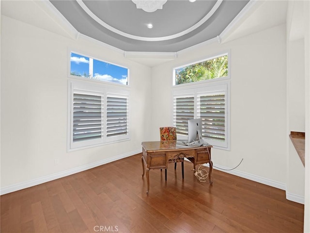 125 Heath Meadow Pl, Simi Valley, CA 93065 - office space with a tray ceiling and wood finished floors