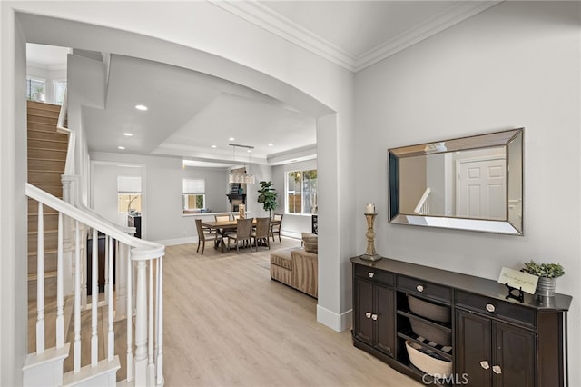 18 Beacon, Ladera Ranch, CA 92694 - entryway featuring stairway, light wood-type flooring, ornamental molding, recessed lighting, and a raised ceiling