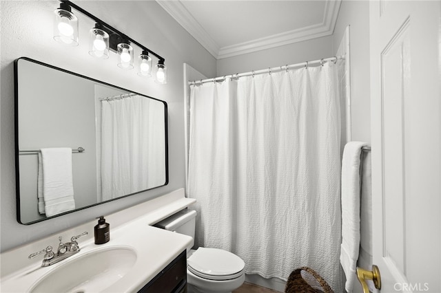 18 Beacon, Ladera Ranch, CA 92694 - bathroom featuring vanity, crown molding, and a shower with curtain