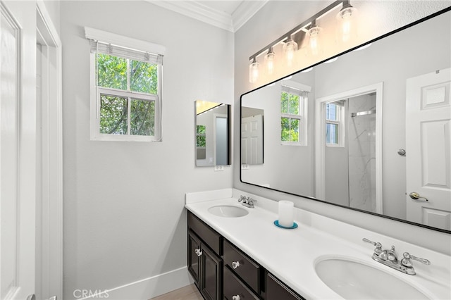 18 Beacon, Ladera Ranch, CA 92694 - bathroom with ornamental molding, double vanity, and a shower stall