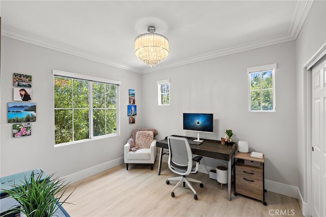 18 Beacon, Ladera Ranch, CA 92694 - office space with ornamental molding, wood finished floors, and a chandelier