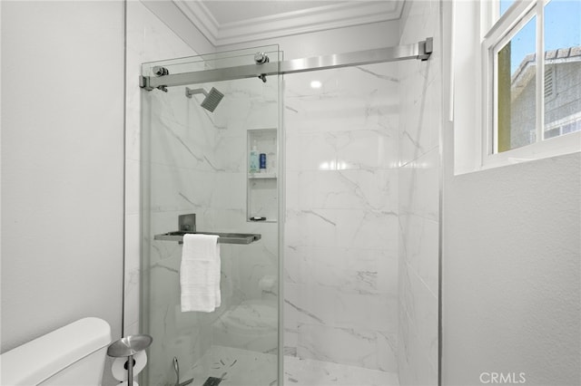 18 Beacon, Ladera Ranch, CA 92694 - bathroom featuring ornamental molding and a marble finish shower