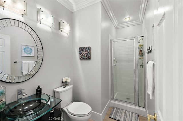 18 Beacon, Ladera Ranch, CA 92694 - full bathroom featuring crown molding, a stall shower, and wood finished floors