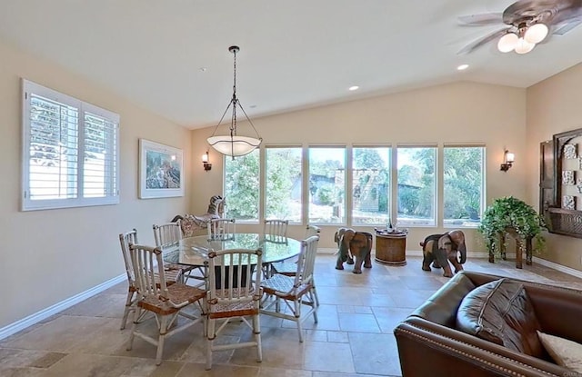 1034 Via Reata, Vista, CA 92081 - dining area featuring vaulted ceiling, baseboards, recessed lighting, and ceiling fan