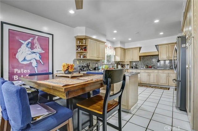 4612 Wolfe Way, Woodland Hills, CA 91364 - kitchen featuring backsplash, freestanding refrigerator, light tile patterned floors, black electric cooktop, and open shelves
